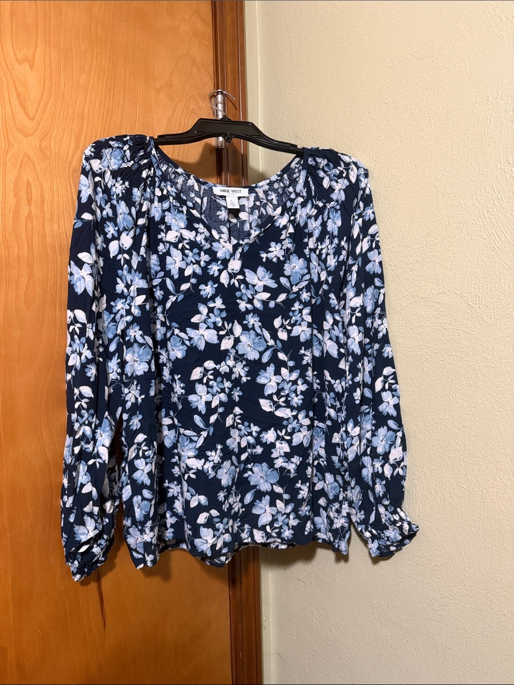 Nine West Navy Floral Long-Sleeve Peasant Blouse